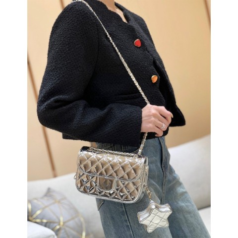 10A Designer Women's Lacquer Leather Shoulder Bag, Bright Flip Lid, 24C Diamond Grid Chain, Crossbody