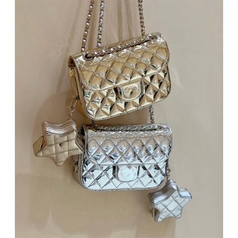 10A Designer Women's Lacquer Leather Shoulder Bag, Bright Flip Lid, 24C Diamond Grid Chain, Crossbody