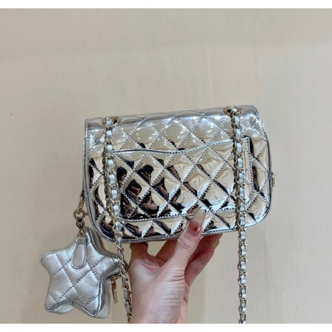 10A Designer Women's Lacquer Leather Shoulder Bag, Bright Flip Lid, 24C Diamond Grid Chain, Crossbody