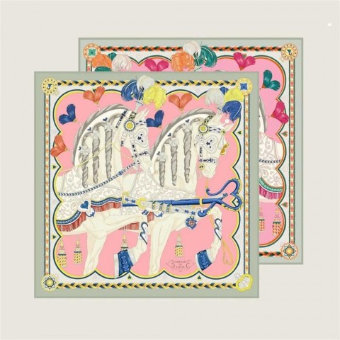 Hand Rolled Twill Silk Scarf for Women - Double Horse Print, 90CM Square Scarf by Echarpes