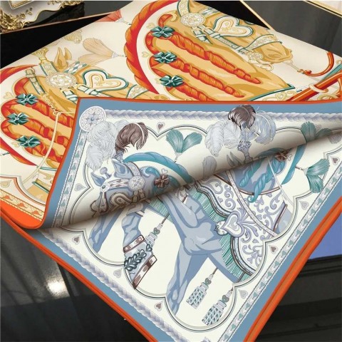 Hand Rolled Twill Silk Scarf for Women - Double Horse Print, 90CM Square Scarf by Echarpes
