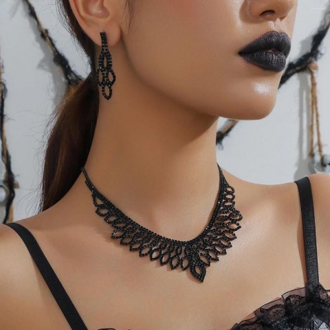 Black Rhinestone Tassel Necklace Earrings Set for Women