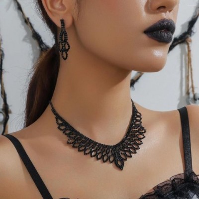 Black Rhinestone Tassel Necklace Earrings Set for Women