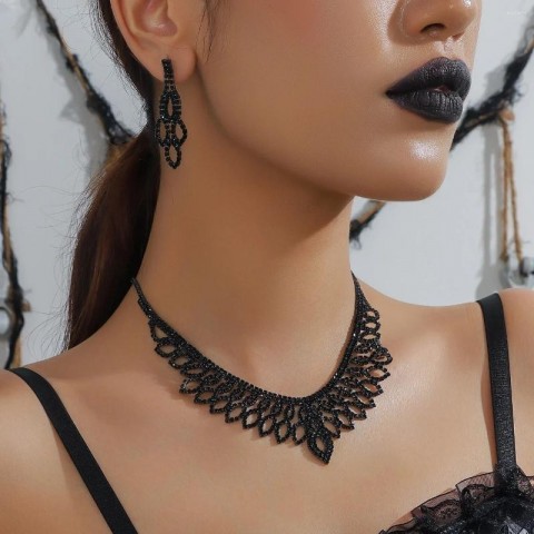 Black Rhinestone Tassel Necklace Earrings Set for Women