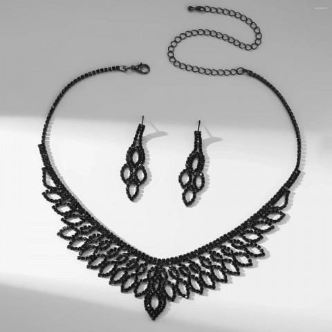 Black Rhinestone Tassel Necklace Earrings Set for Women