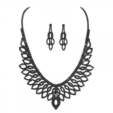 Black Rhinestone Tassel Necklace Earrings Set for Women