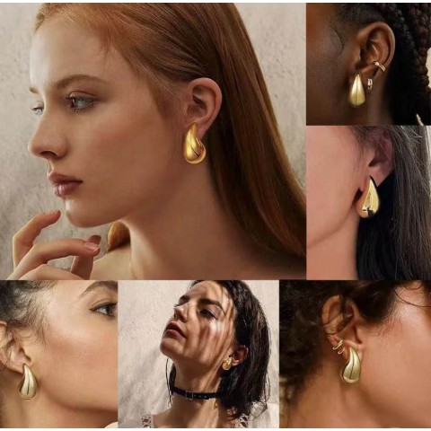 Women's Bohemian 18K Gold-Plated Stud Earrings with Shiny Triangular Hoops