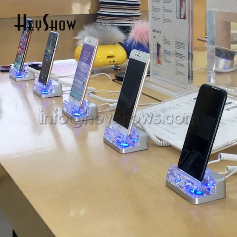 Blue Acrylic Security Stand for Smartphones with Anti-Theft Alarm