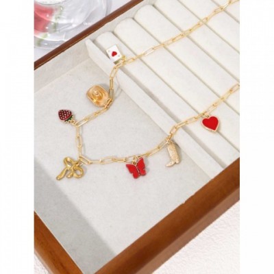 Mood Tracker Creative Stainless Steel Bow Strawberry Pendant Necklace - Women's Charm Jewel