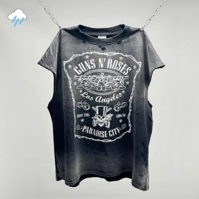 Hip Hop Vintage Oversized Cotton Vest with Damaged Holes - Men's Casual Black T-Shirt