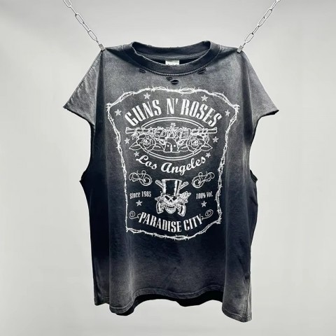 Hip Hop Vintage Oversized Cotton Vest with Damaged Holes - Men's Casual Black T-Shirt