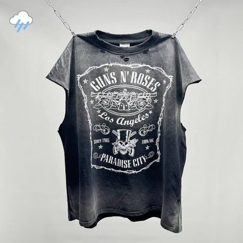 Hip Hop Vintage Oversized Cotton Vest with Damaged Holes - Men's Casual Black T-Shirt