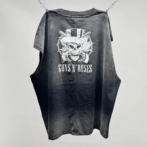 Hip Hop Vintage Oversized Cotton Vest with Damaged Holes - Men's Casual Black T-Shirt