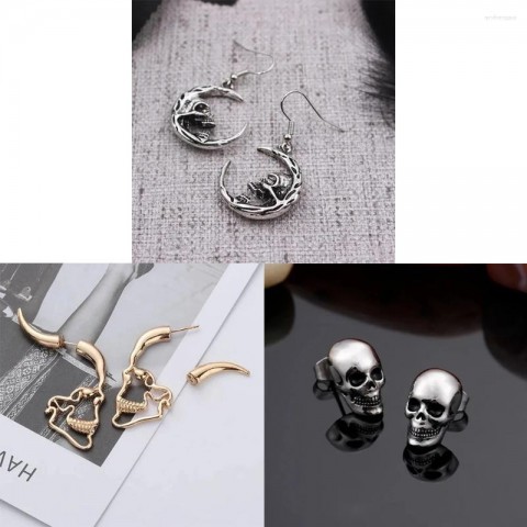 Stud Earrings for Men and Women, Retro Gothic Hip Hop Jewelry, Mix Match Punk Skull Design