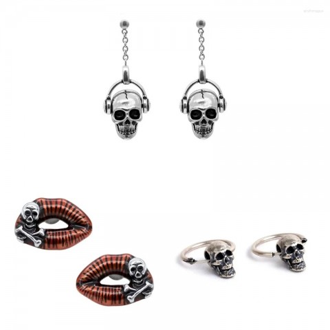 Stud Earrings for Men and Women, Retro Gothic Hip Hop Jewelry, Mix Match Punk Skull Design