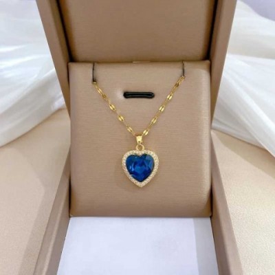 DIEYURO Women's Fashionable Heart-Shaped Stainless Steel Necklace with Blue Zircon Pendant