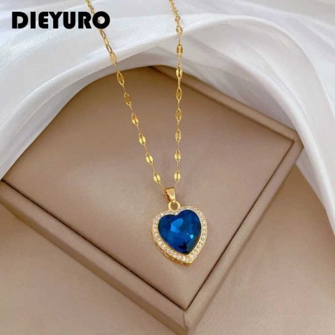 DIEYURO Women's Fashionable Heart-Shaped Stainless Steel Necklace with Blue Zircon Pendant