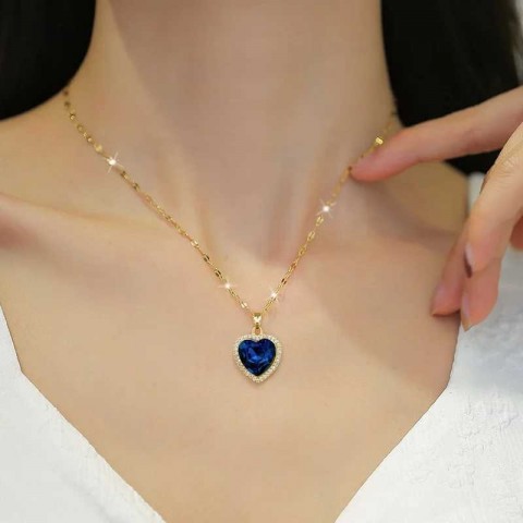 DIEYURO Women's Fashionable Heart-Shaped Stainless Steel Necklace with Blue Zircon Pendant