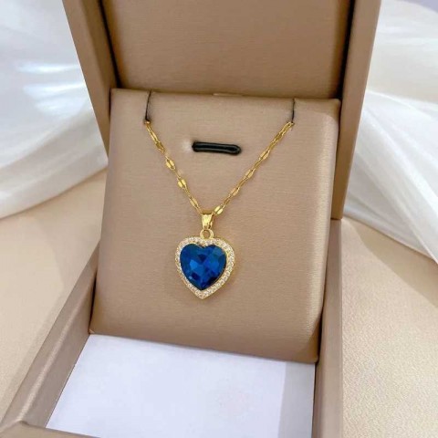 DIEYURO Women's Fashionable Heart-Shaped Stainless Steel Necklace with Blue Zircon Pendant