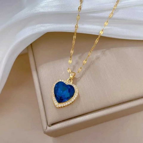 DIEYURO Women's Fashionable Heart-Shaped Stainless Steel Necklace with Blue Zircon Pendant