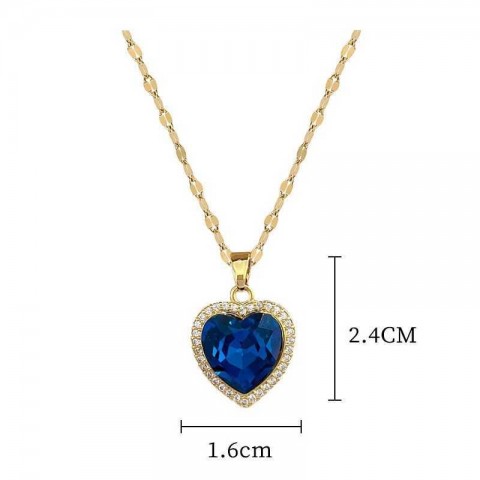 DIEYURO Women's Fashionable Heart-Shaped Stainless Steel Necklace with Blue Zircon Pendant
