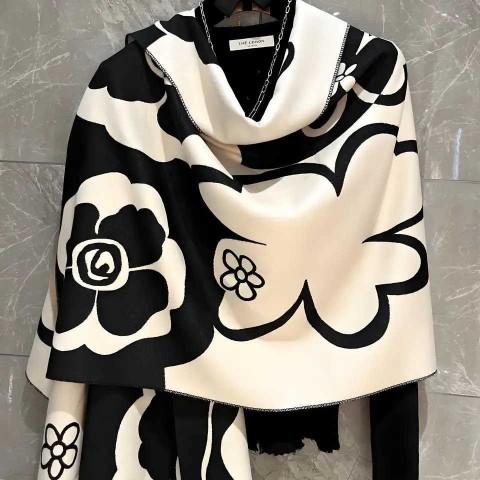 Luxury Women's Pashmina Shawl - Lightweight Black & White Hearts Scarf for Spring Summer