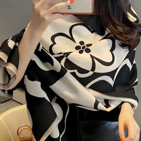 Luxury Women's Pashmina Shawl - Lightweight Black & White Hearts Scarf for Spring Summer