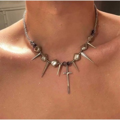Shixi Women's Gothic Pendant Cross Necklace, Punk Street Rivet Chain, 40cm Rope, Titanium Steel