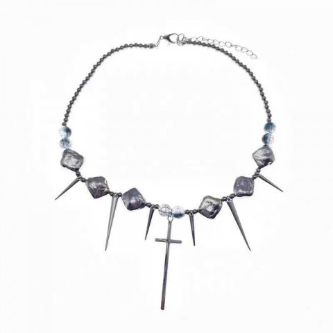 Shixi Women's Gothic Pendant Cross Necklace, Punk Street Rivet Chain, 40cm Rope, Titanium Steel