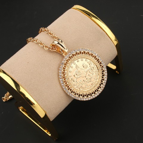 Elegant Gold Plated Turkish Coin Necklace with AAA Crystals for Women