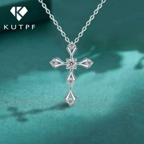 Crucifix Faith Cross Pendant with Moissanite, White Gold Plated 925 Silver, Unisex Gothic Necklace w250428