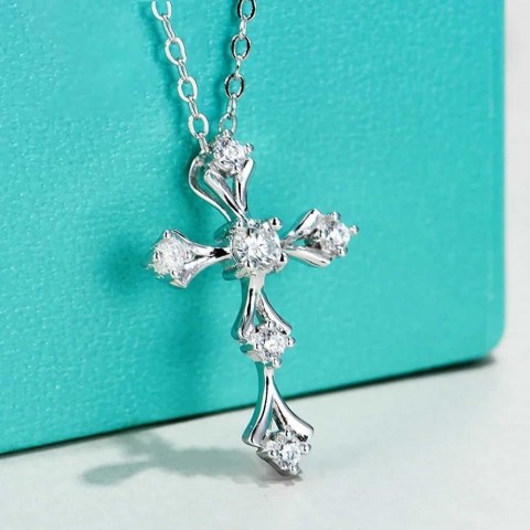 Crucifix Faith Cross Pendant with Moissanite, White Gold Plated 925 Silver, Unisex Gothic Necklace w250428