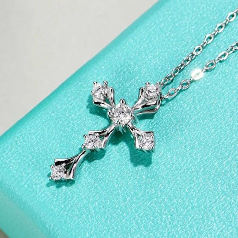 Crucifix Faith Cross Pendant with Moissanite, White Gold Plated 925 Silver, Unisex Gothic Necklace w250428