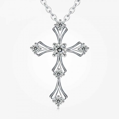 Crucifix Faith Cross Pendant with Moissanite, White Gold Plated 925 Silver, Unisex Gothic Necklace w250428