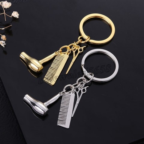 Barber Tools Keychain Gift Set - Metal Scissors Comb Pendants for Men