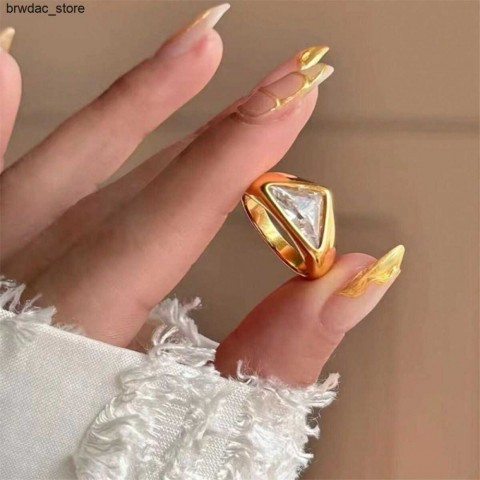 Vintage 18K Gold Plated Stainless Steel Zircon Ring for Women with Triangular, Square, and Oval Design