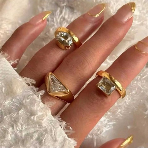 Vintage 18K Gold Plated Stainless Steel Zircon Ring for Women with Triangular, Square, and Oval Design