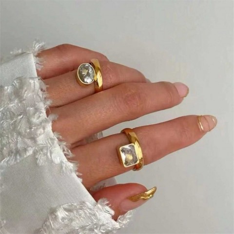 Vintage 18K Gold Plated Stainless Steel Zircon Ring for Women with Triangular, Square, and Oval Design