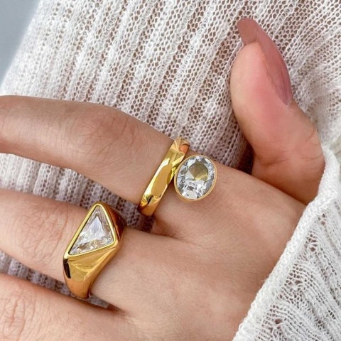 Vintage 18K Gold Plated Stainless Steel Zircon Ring for Women with Triangular, Square, and Oval Design