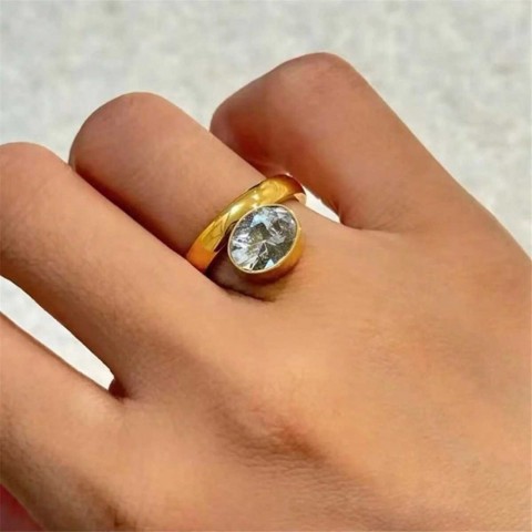 Vintage 18K Gold Plated Stainless Steel Zircon Ring for Women with Triangular, Square, and Oval Design