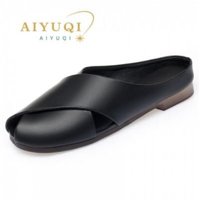 Luxury Women's Genuine Leather Slippers: Comfortable Closed-Toe Non-Slip Summer Shoes