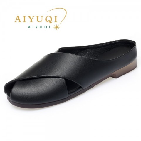 Luxury Women's Genuine Leather Slippers: Comfortable Closed-Toe Non-Slip Summer Shoes