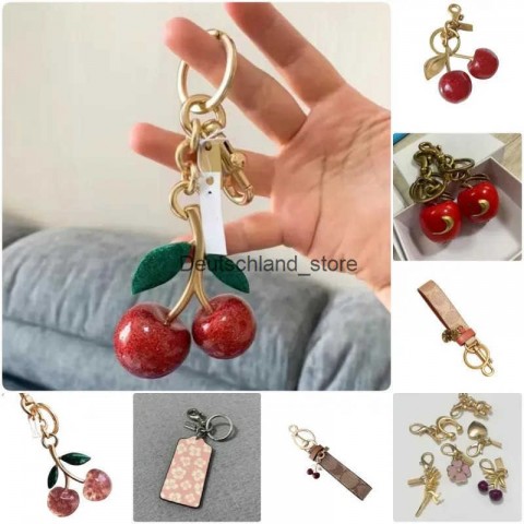 Cherry Designer Luxury Keychains with Golden Chain and Pink Crystal
