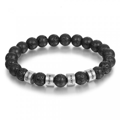 Personalized Men's Stainless Steel Beaded Bracelet with Custom Engraving and Lava Tiger Eye Stone