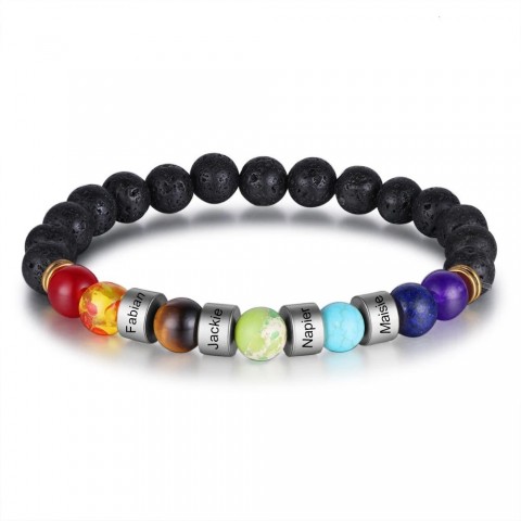 Personalized Men's Stainless Steel Beaded Bracelet with Custom Engraving and Lava Tiger Eye Stone