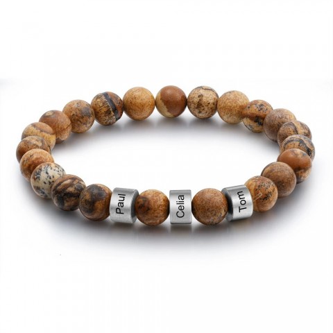 Personalized Men's Stainless Steel Beaded Bracelet with Custom Engraving and Lava Tiger Eye Stone