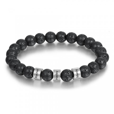 Personalized Men's Stainless Steel Beaded Bracelet with Custom Engraving and Lava Tiger Eye Stone