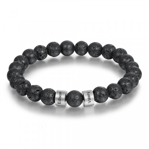 Personalized Men's Stainless Steel Beaded Bracelet with Custom Engraving and Lava Tiger Eye Stone