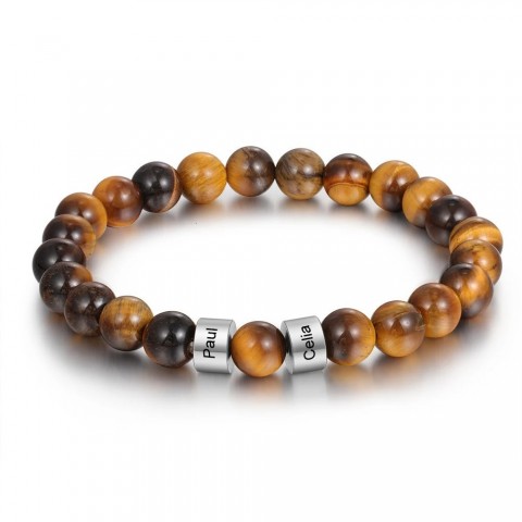 Personalized Men's Stainless Steel Beaded Bracelet with Custom Engraving and Lava Tiger Eye Stone