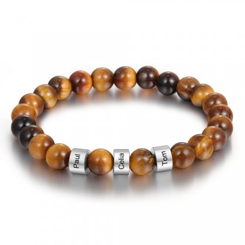 Personalized Men's Stainless Steel Beaded Bracelet with Custom Engraving and Lava Tiger Eye Stone